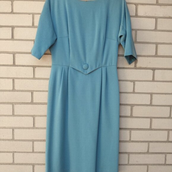 Vintage 60s Dress 36" Bust 28.5" Waist Blue Knit Fashion Wear Toronto - Picture 2 of 16